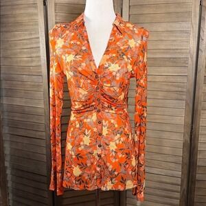 Free People Orange Floral Mesh Ruched Button Front Long Sleeve Top Sm OB1385185